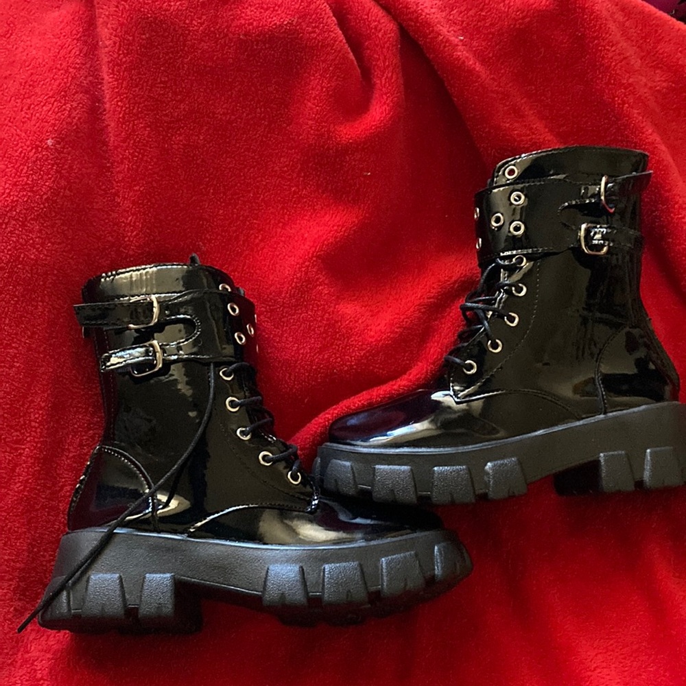 New faux patent leather boots